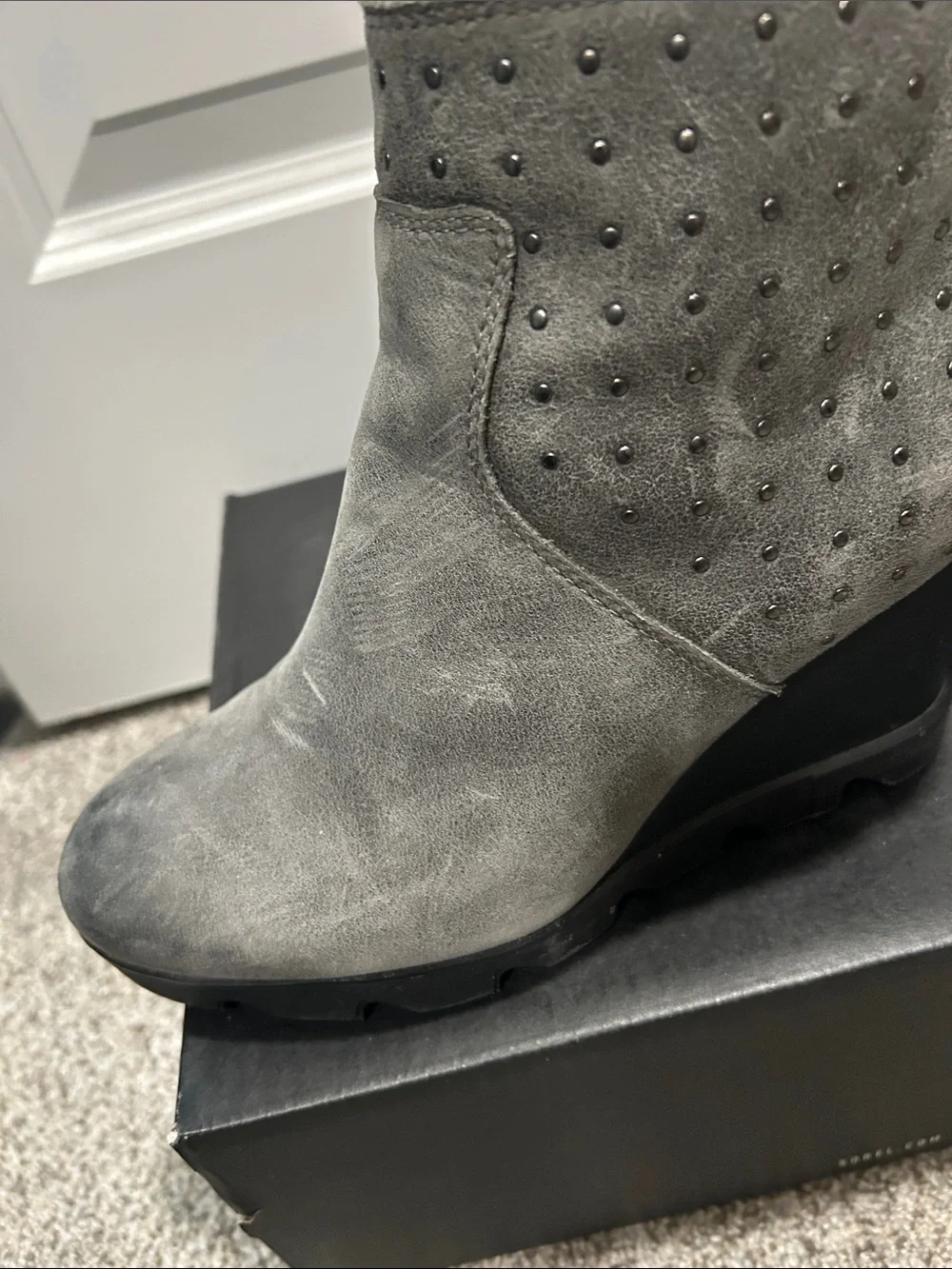 Sorel Gray Suede Studded Wedge Ankle Boots